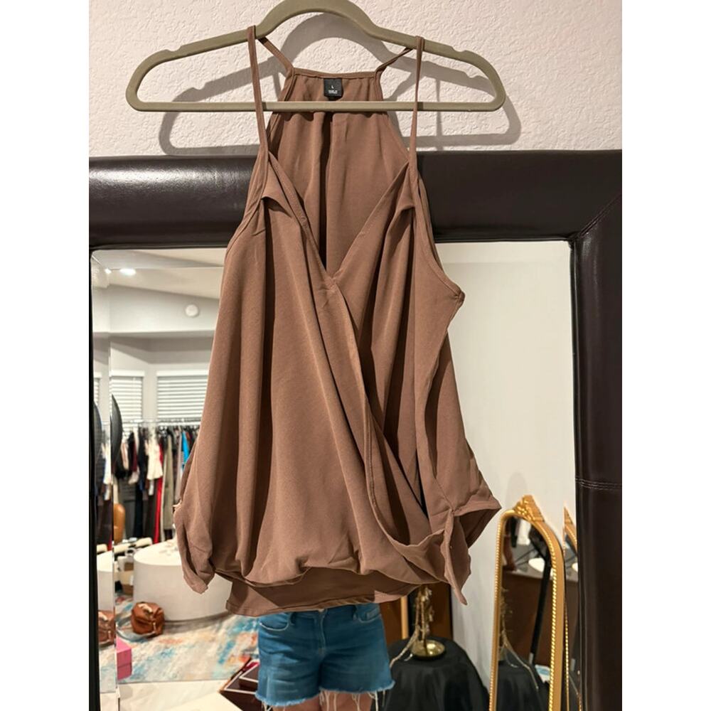 Boutique Brown Draped Tank Top Halter Flowy Sleeveless Blouse Size L - Picture 3 of 5